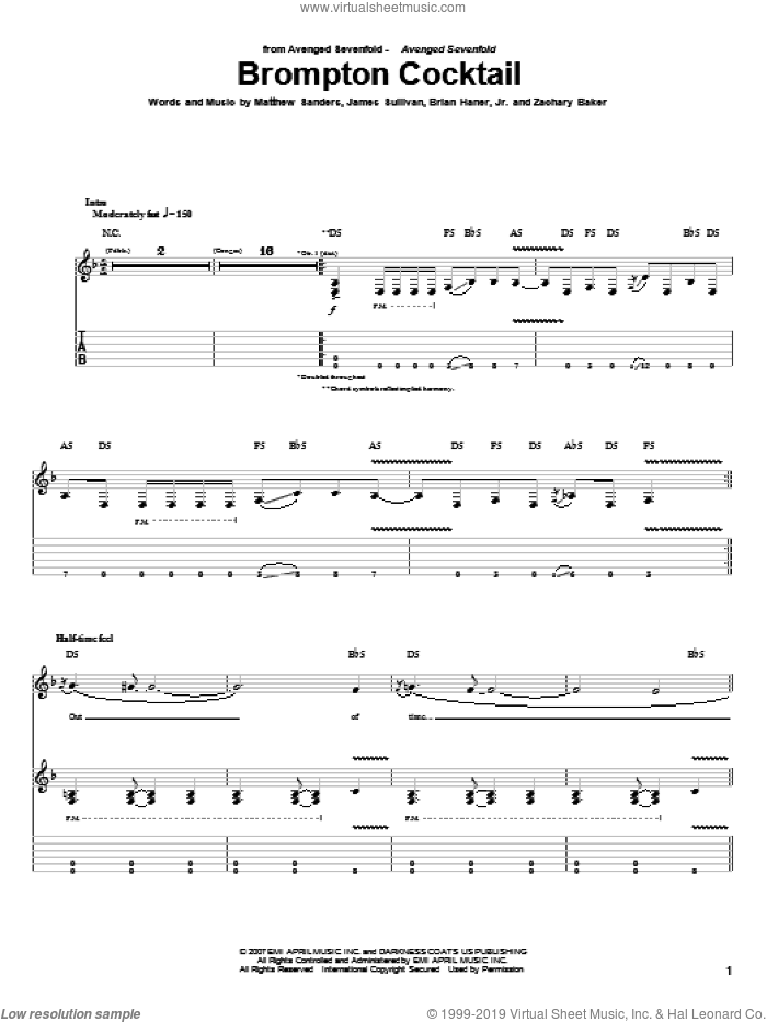 Brompton Cocktail sheet music for guitar (tablature) by Avenged Sevenfold, Brian Haner, Jr., James Sullivan, Matthew Sanders and Zachary Baker, intermediate skill level