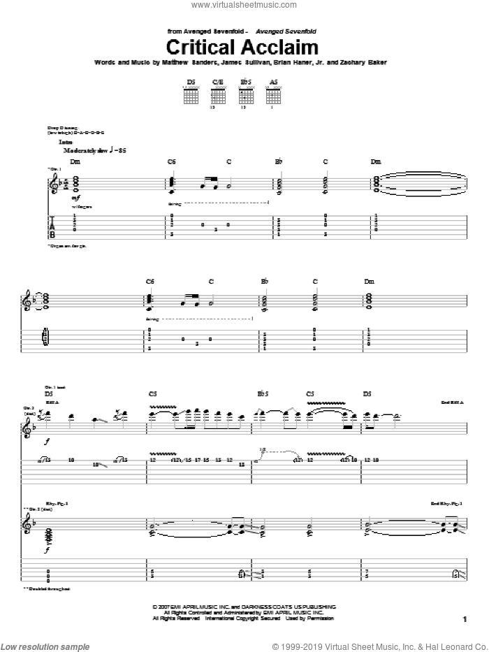 Critical Acclaim sheet music for guitar (tablature) by Avenged Sevenfold, Brian Haner, Jr., James Sullivan, Matthew Sanders and Zachary Baker, intermediate skill level