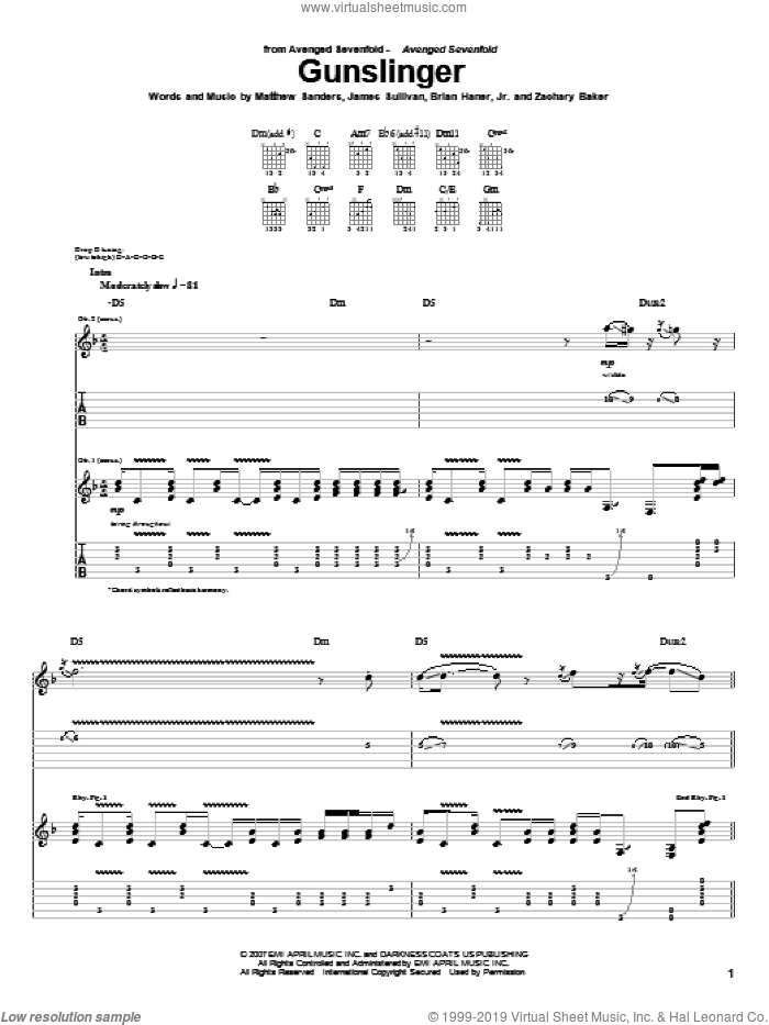 Gunslinger sheet music for guitar (tablature) by Avenged Sevenfold, Brian Haner, Jr., James Sullivan, Matthew Sanders and Zachary Baker, intermediate skill level