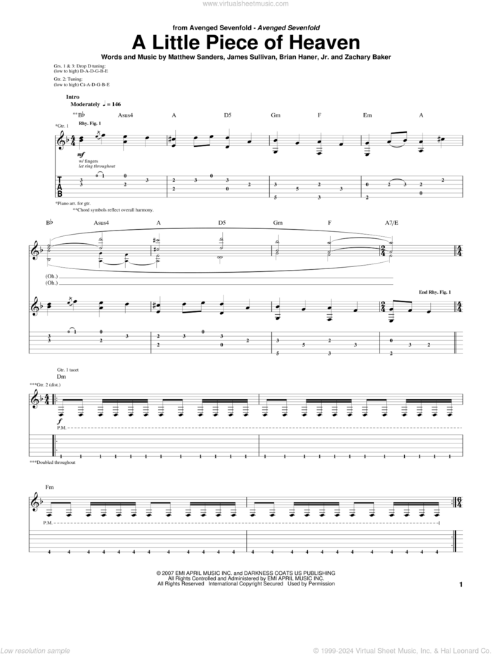 A Little Piece Of Heaven sheet music for guitar (tablature) by Avenged Sevenfold, Brian Haner, Jr., James Sullivan, Matthew Sanders and Zachary Baker, intermediate skill level