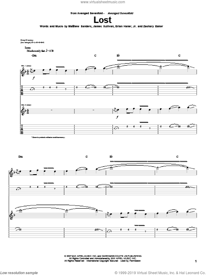 Lost sheet music for guitar (tablature) by Avenged Sevenfold, Brian Haner, Jr., James Sullivan, Matthew Sanders and Zachary Baker, intermediate skill level