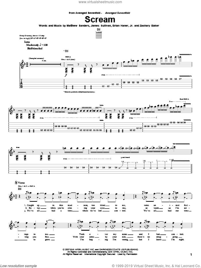Scream sheet music for guitar (tablature) by Avenged Sevenfold, Brian Haner, Jr., James Sullivan, Matthew Sanders and Zachary Baker, intermediate skill level