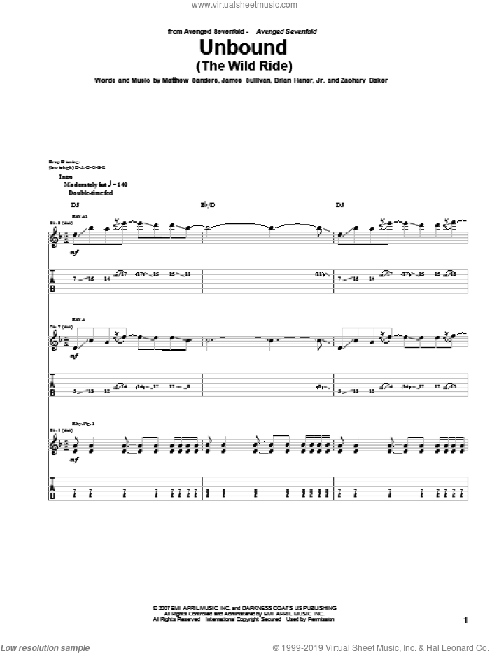 Unbound (The Wild Ride) sheet music for guitar (tablature) by Avenged Sevenfold, Brian Haner, Jr., James Sullivan, Matthew Sanders and Zachary Baker, intermediate skill level