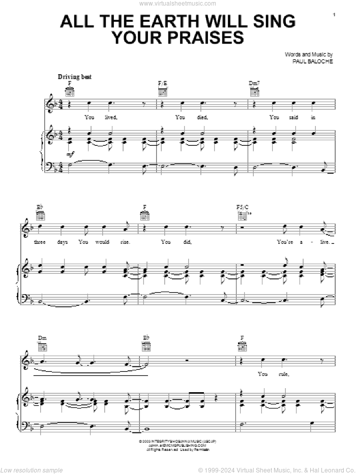 All The Earth Will Sing Your Praises sheet music for voice, piano or guitar by Paul Baloche, intermediate skill level