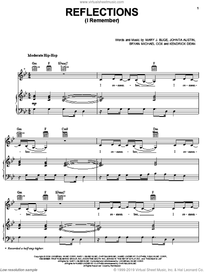 Reflections (I Remember) sheet music for voice, piano or guitar by Mary J. Blige, Bryan Michael Cox, Johnta Austin and Kendrick Dean, intermediate skill level
