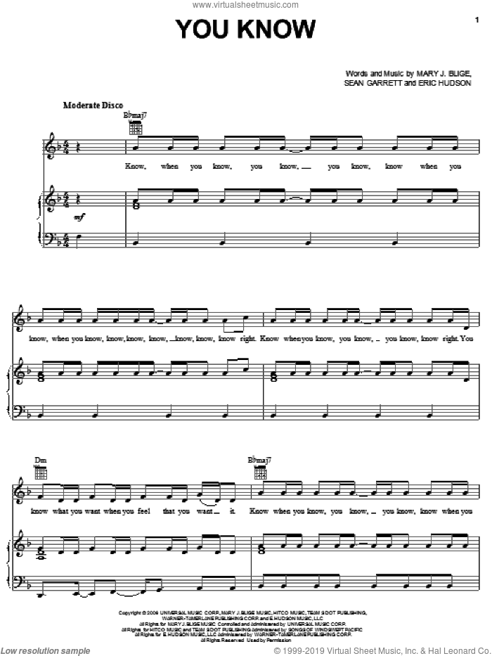 You Know sheet music for voice, piano or guitar by Mary J. Blige, Eric Hudson and Sean Garrett, intermediate skill level