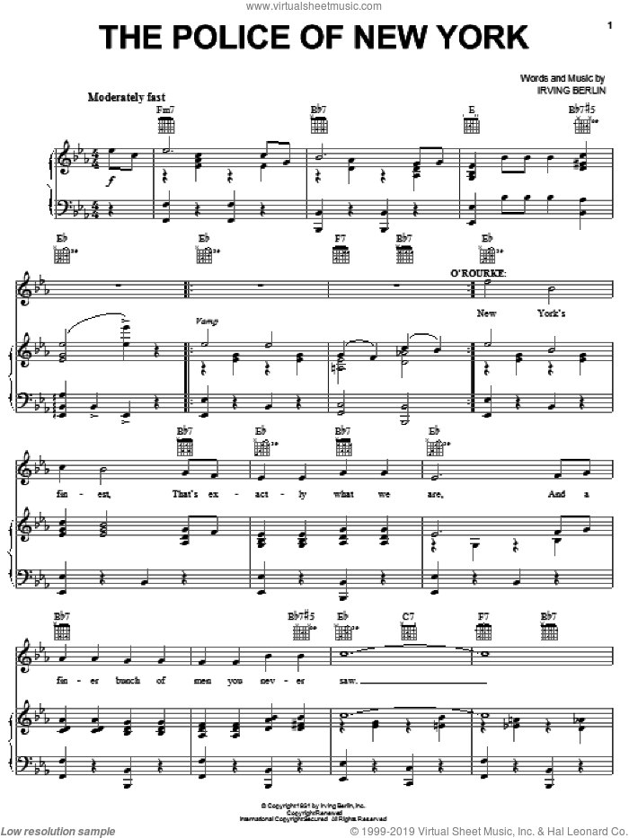 The Police Of New York sheet music for voice, piano or guitar by Irving Berlin and Face The Music (Musical), intermediate skill level