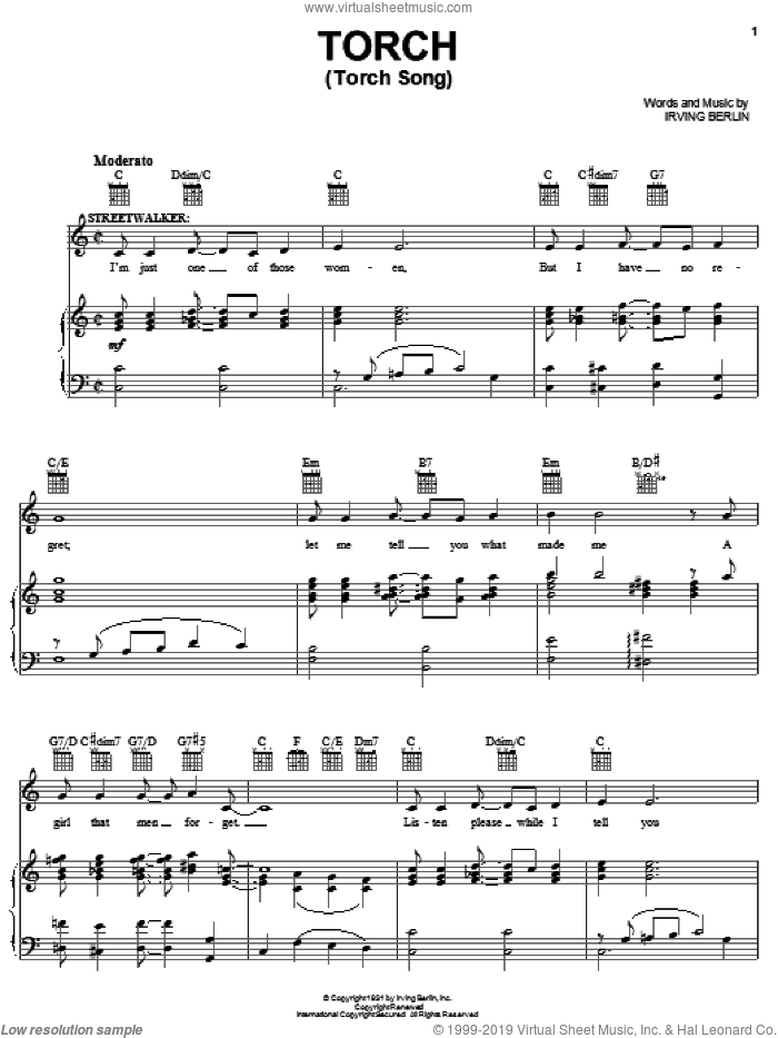 Torch (Torch Song) sheet music for voice, piano or guitar by Irving Berlin and Face The Music (Musical), intermediate skill level