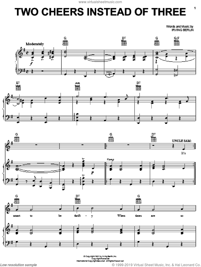 Two Cheers Instead Of Three sheet music for voice, piano or guitar by Irving Berlin and Face The Music (Musical), intermediate skill level
