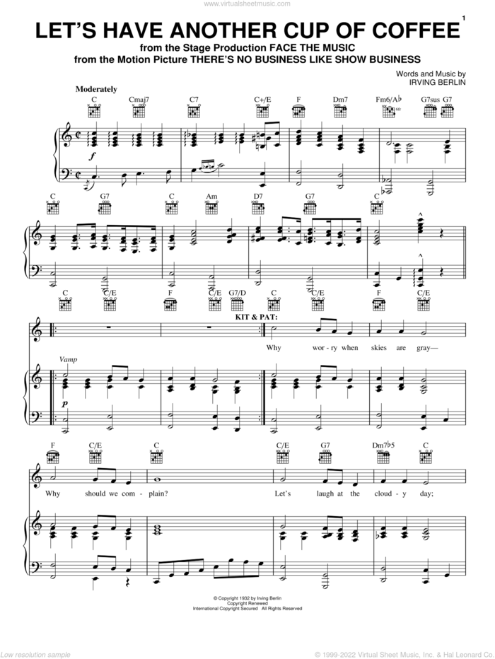 Let's Have Another Cup Of Coffee sheet music for voice, piano or guitar by Irving Berlin and Face The Music (Musical), intermediate skill level