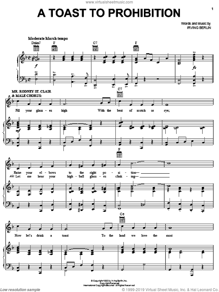 A Toast To Prohibition sheet music for voice, piano or guitar by Irving Berlin and Face The Music (Musical), intermediate skill level