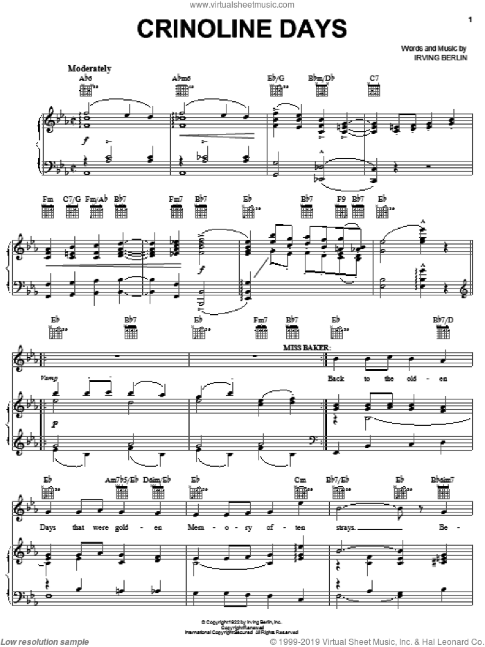 Crinoline Days sheet music for voice, piano or guitar by Irving Berlin and Face The Music (Musical), intermediate skill level