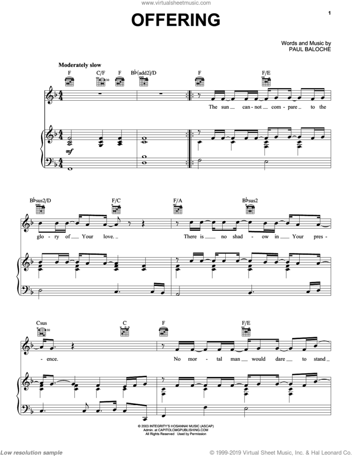 Offering sheet music for voice, piano or guitar by Paul Baloche, intermediate skill level