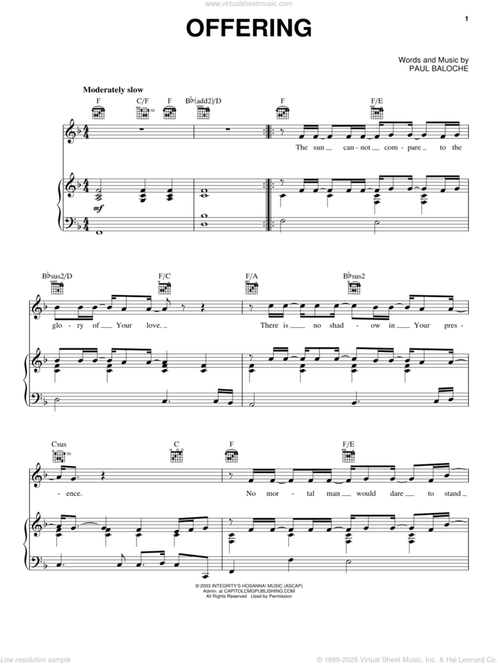 Offering sheet music for voice, piano or guitar by Paul Baloche, intermediate skill level