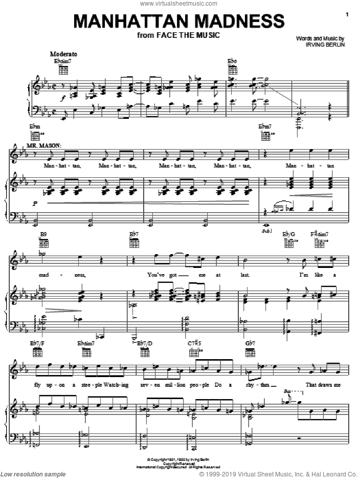 Manhattan Madness sheet music for voice, piano or guitar by Irving Berlin and Face The Music (Musical), intermediate skill level