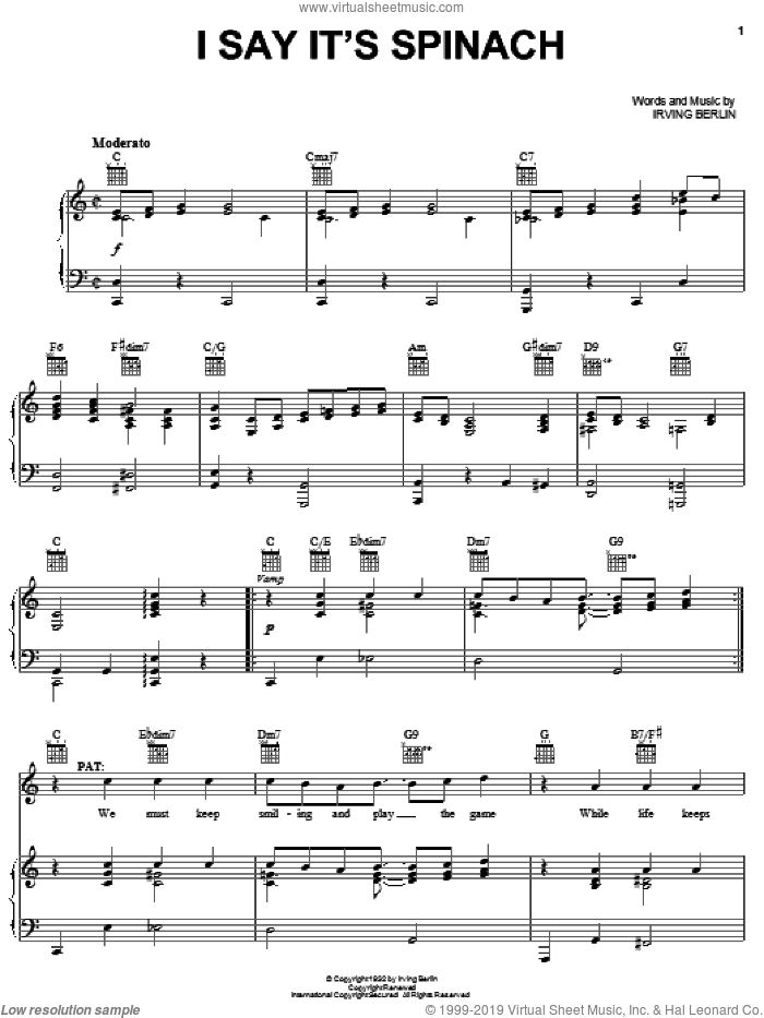 I Say It's Spinach sheet music for voice, piano or guitar by Irving Berlin and Face The Music (Musical), intermediate skill level