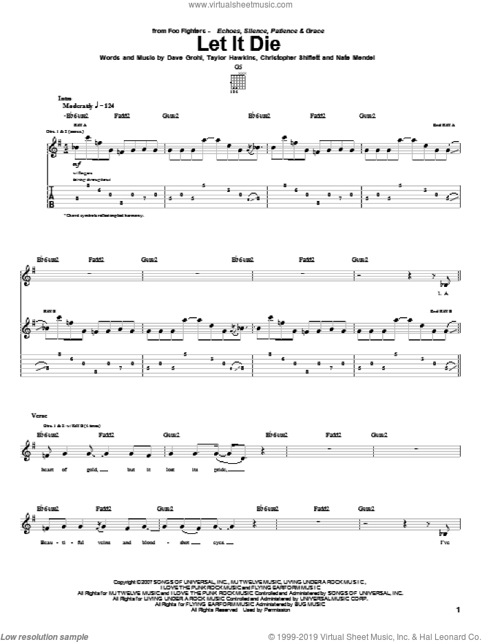 Let It Die sheet music for guitar (tablature) by Foo Fighters, Christopher Shiflett, Dave Grohl, Nate Mendel and Taylor Hawkins, intermediate skill level