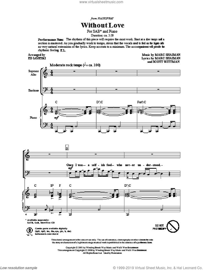 Without Love sheet music for choir (SAB: soprano, alto, bass) by Marc Shaiman, Scott Wittman and Ed Lojeski, intermediate skill level