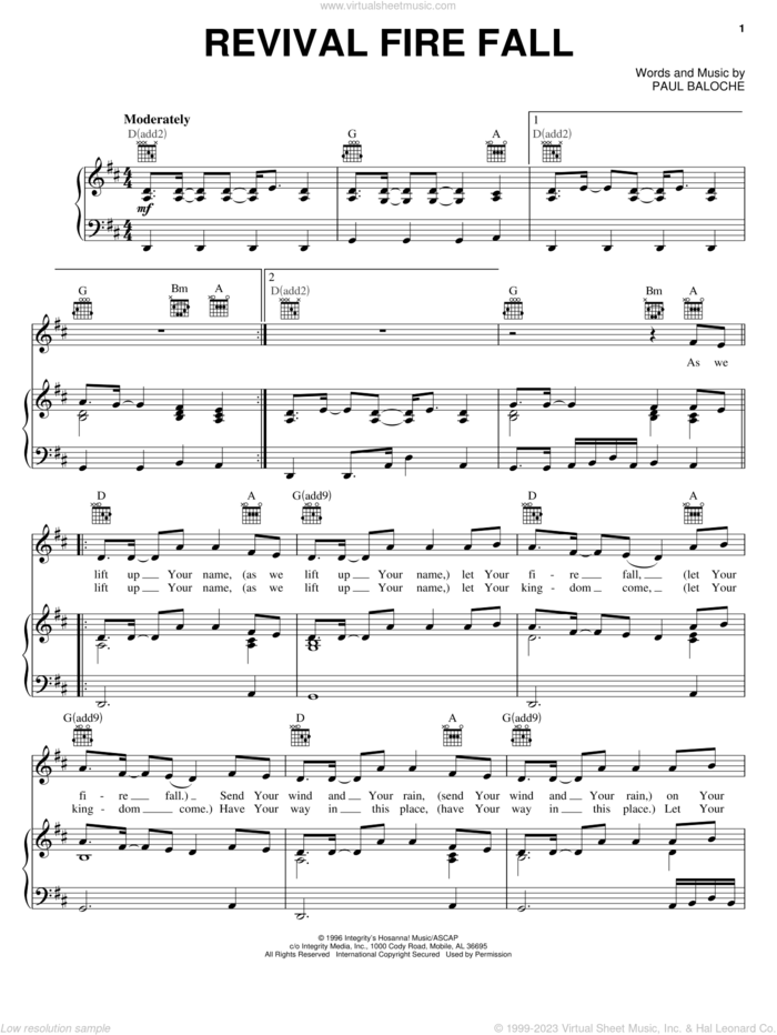 Revival Fire Fall sheet music for voice, piano or guitar by Paul Baloche, intermediate skill level