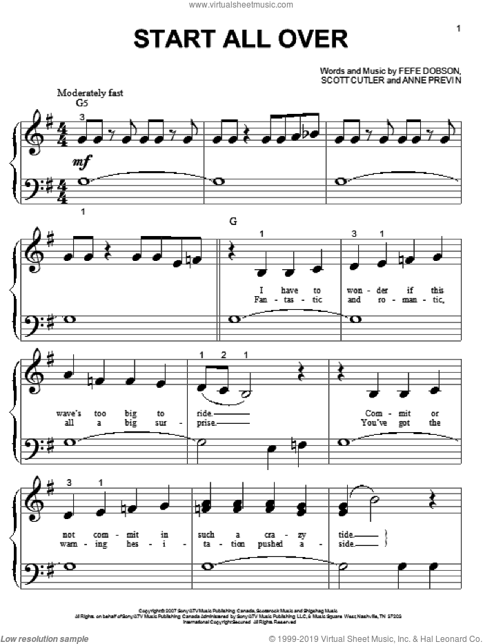 Start All Over sheet music for piano solo (big note book) by Hannah Montana, Miley Cyrus, Anne Previn, Fefe Dobson and Scott Cutler, easy piano (big note book)