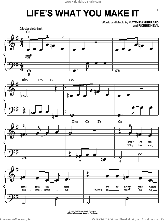 Life's What You Make It sheet music for piano solo (big note book) by Hannah Montana, Miley Cyrus, Matthew Gerrard and Robbie Nevil, easy piano (big note book)