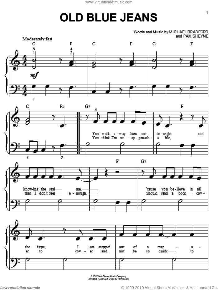 Old Blue Jeans sheet music for piano solo (big note book) by Hannah Montana, Miley Cyrus, Michael Bradford and Pam Sheyne, easy piano (big note book)
