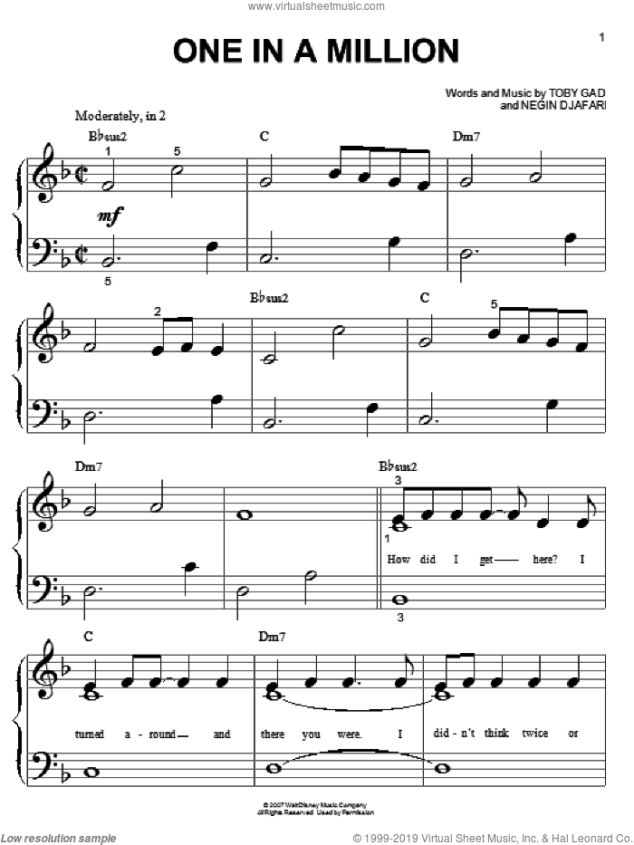 One In A Million sheet music for piano solo (big note book) by Hannah Montana, Miley Cyrus, Negin Djafari and Toby Gad, easy piano (big note book)