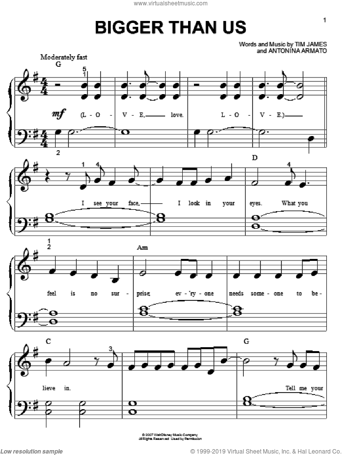 Bigger Than Us sheet music for piano solo (big note book) by Hannah Montana, Miley Cyrus, Antonina Armato and Tim James, easy piano (big note book)