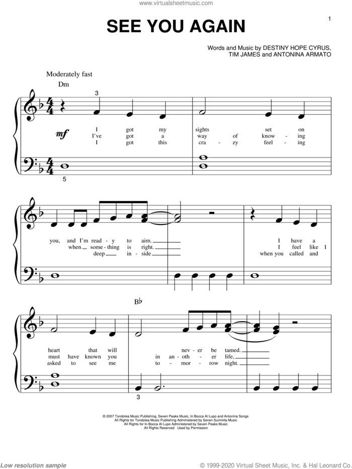 See You Again sheet music for piano solo (big note book) by Miley Cyrus, Hannah Montana, Antonina Armato, Destiny Hope Cyrus and Tim James, easy piano (big note book)