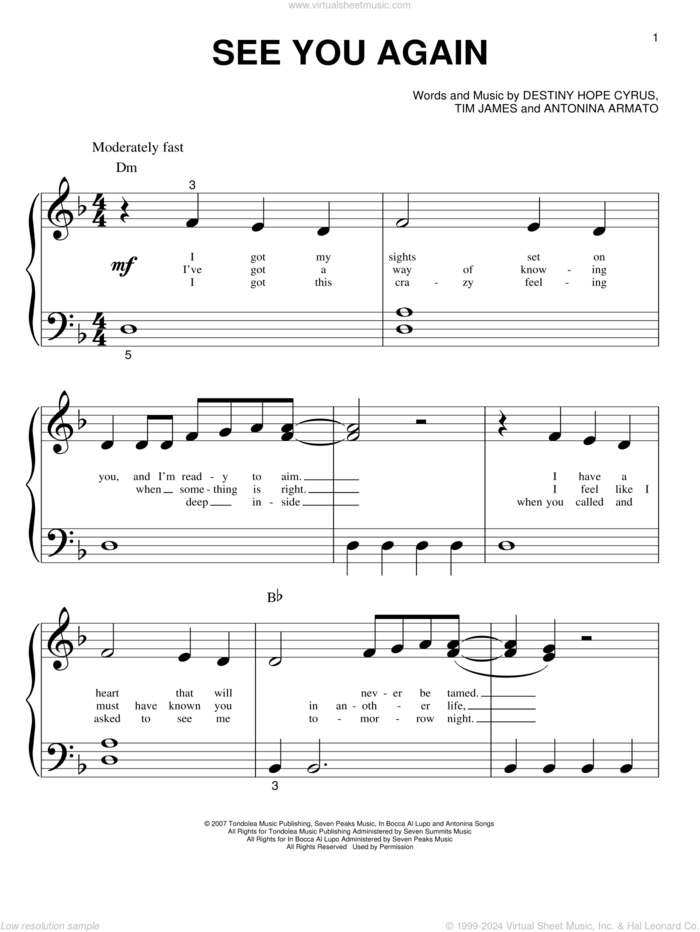 See You Again sheet music for piano solo (big note book) by Miley Cyrus, Hannah Montana, Antonina Armato, Destiny Hope Cyrus and Tim James, easy piano (big note book)