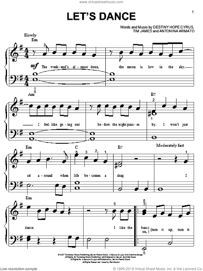 Let's Dance sheet music for piano solo (big note book) by Hannah Montana, Miley Cyrus, Antonina Armato, Destiny Hope Cyrus and Tim James, easy piano (big note book)