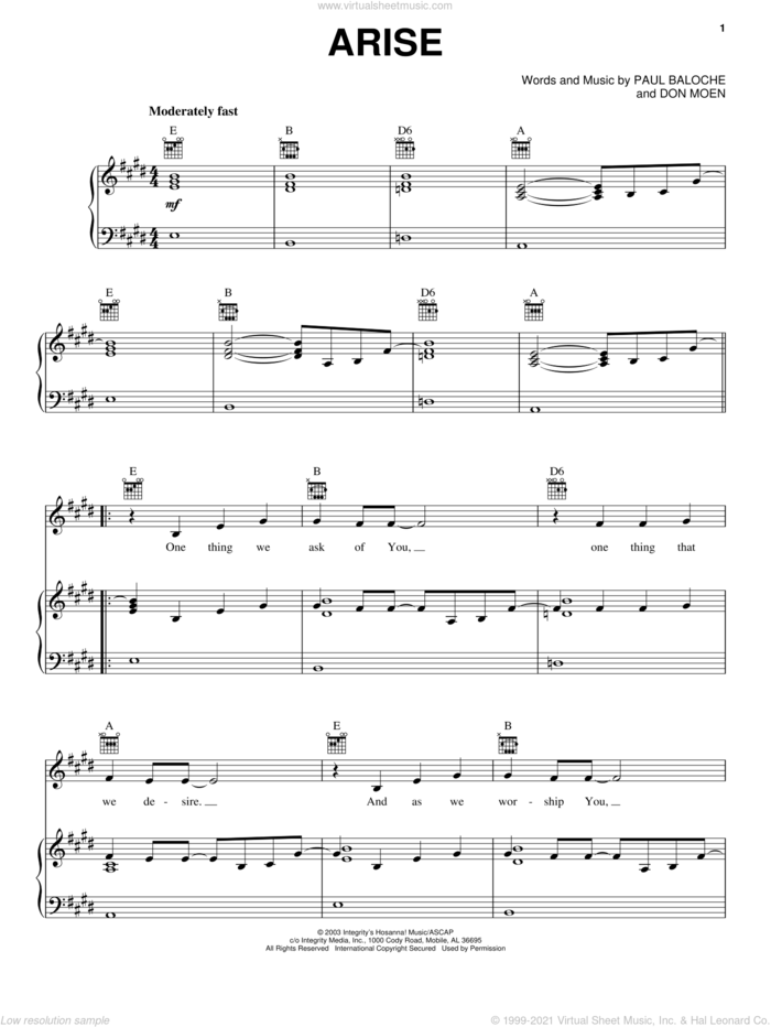 Arise sheet music for voice, piano or guitar by Paul Baloche and Don Moen, intermediate skill level