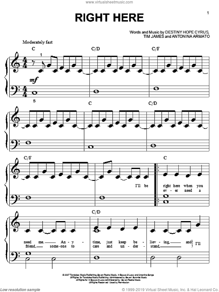 Right Here sheet music for piano solo (big note book) by Hannah Montana, Miley Cyrus, Antonina Armato, Destiny Hope Cyrus and Tim James, easy piano (big note book)