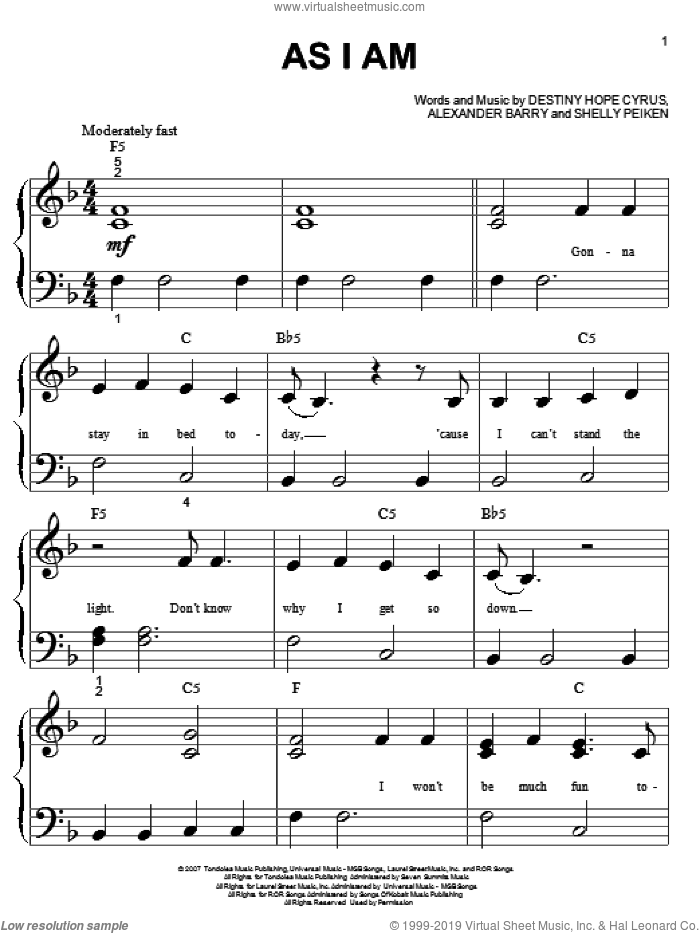 As I Am sheet music for piano solo (big note book) by Hannah Montana, Miley Cyrus, Alexander Barry, Destiny Hope Cyrus and Shelly Peiken, easy piano (big note book)