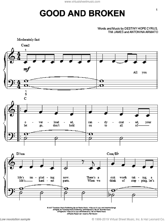 Good And Broken sheet music for piano solo (big note book) by Hannah Montana, Miley Cyrus, Antonina Armato, Destiny Hope Cyrus and Tim James, easy piano (big note book)