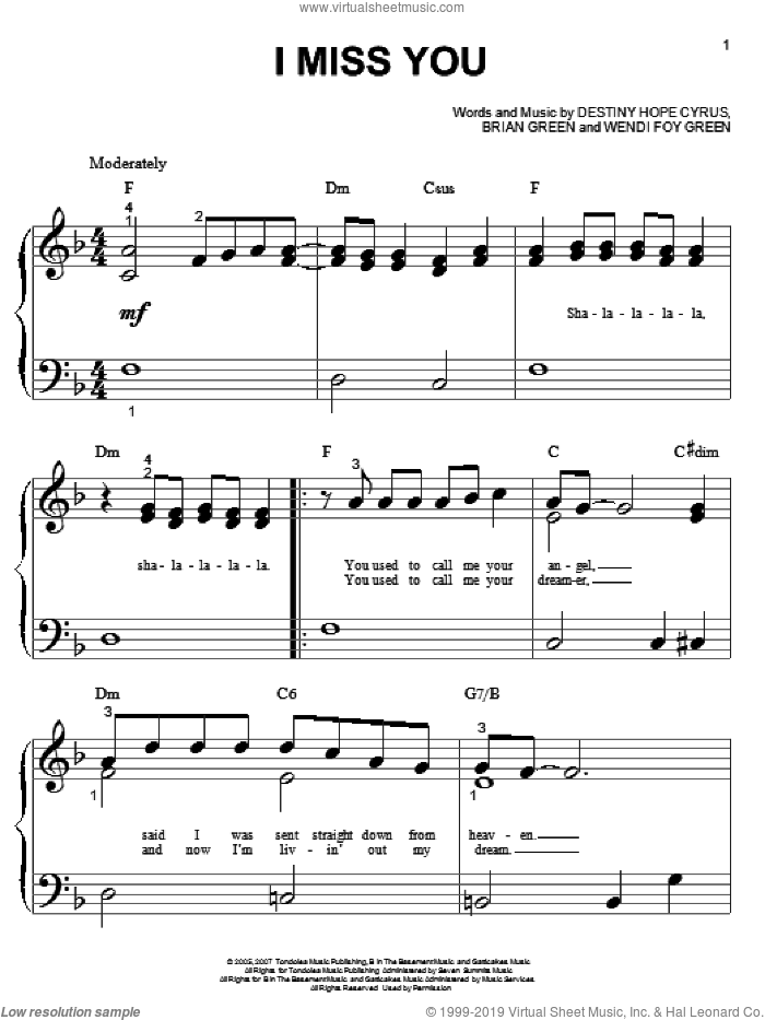 I Miss You sheet music for piano solo (big note book) by Hannah Montana, Miley Cyrus, Brian Green, Destiny Hope Cyrus and Wendi Foy Green, easy piano (big note book)