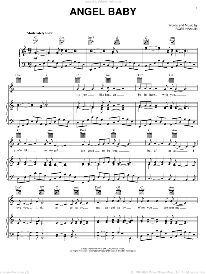 Angel Baby sheet music for voice, piano or guitar by Rosie & The Originals and Rose Hamlin, intermediate skill level