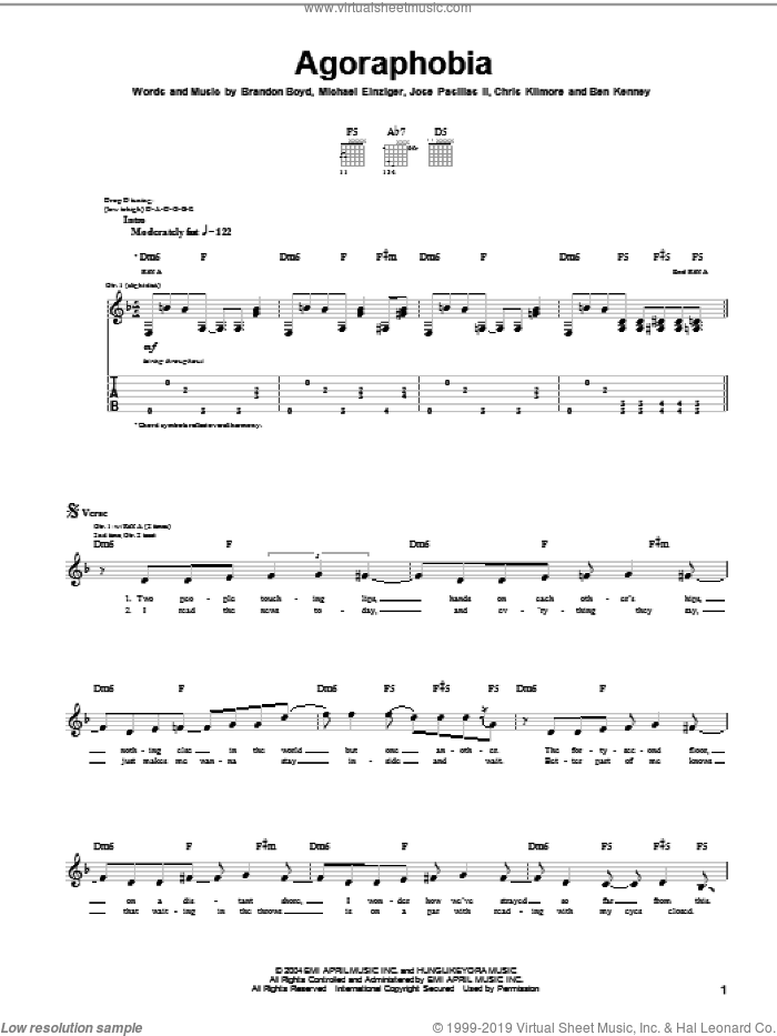 Agoraphobia sheet music for guitar (tablature) by Incubus, Brandon Boyd, Jose Pasillas II and Michael Einziger, intermediate skill level