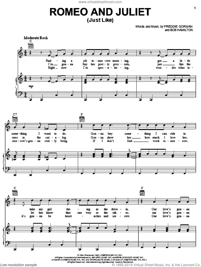Romeo and Juliet (Just Like) sheet music for voice, piano or guitar by The Reflections, Bob Hamilton and Freddie Gorman, intermediate skill level