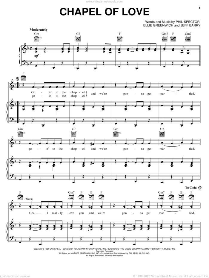 Chapel Of Love sheet music for voice, piano or guitar by The Dixie Cups, Ellie Greenwich, Jeff Barry and Phil Spector, intermediate skill level