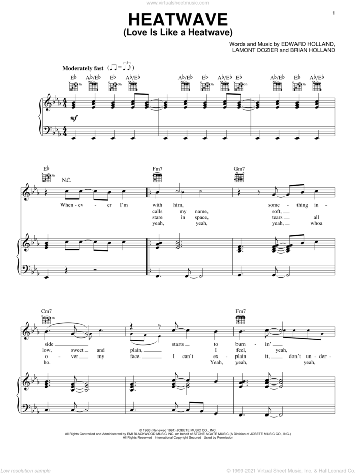 Heatwave (Love Is Like A Heatwave) sheet music for voice, piano or guitar by Martha & The Vandellas, Brian Holland, Eddie Holland and Lamont Dozier, intermediate skill level