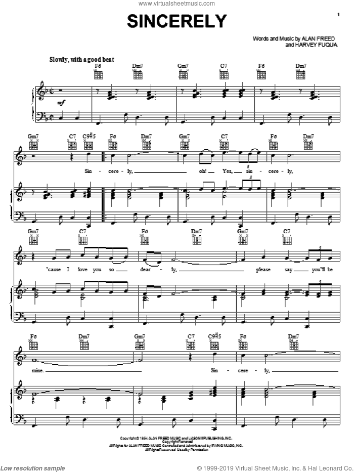 Sincerely sheet music for voice, piano or guitar by McGuire Sisters, Alan Freed and Harvey Fuqua, intermediate skill level