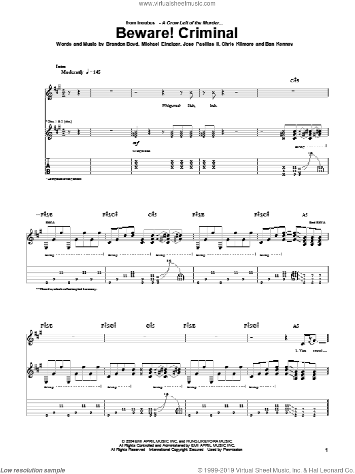 Beware! Criminal sheet music for guitar (tablature) by Incubus, Brandon Boyd, Jose Pasillas II and Michael Einziger, intermediate skill level