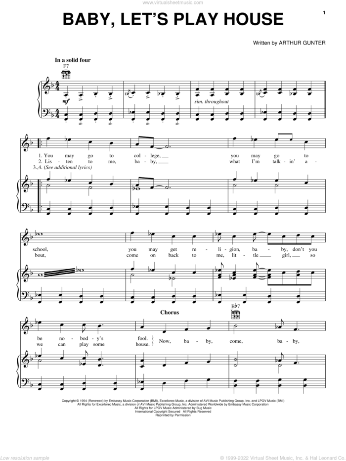 Baby, Let's Play House sheet music for voice, piano or guitar by Elvis Presley and Arthur Gunter, intermediate skill level