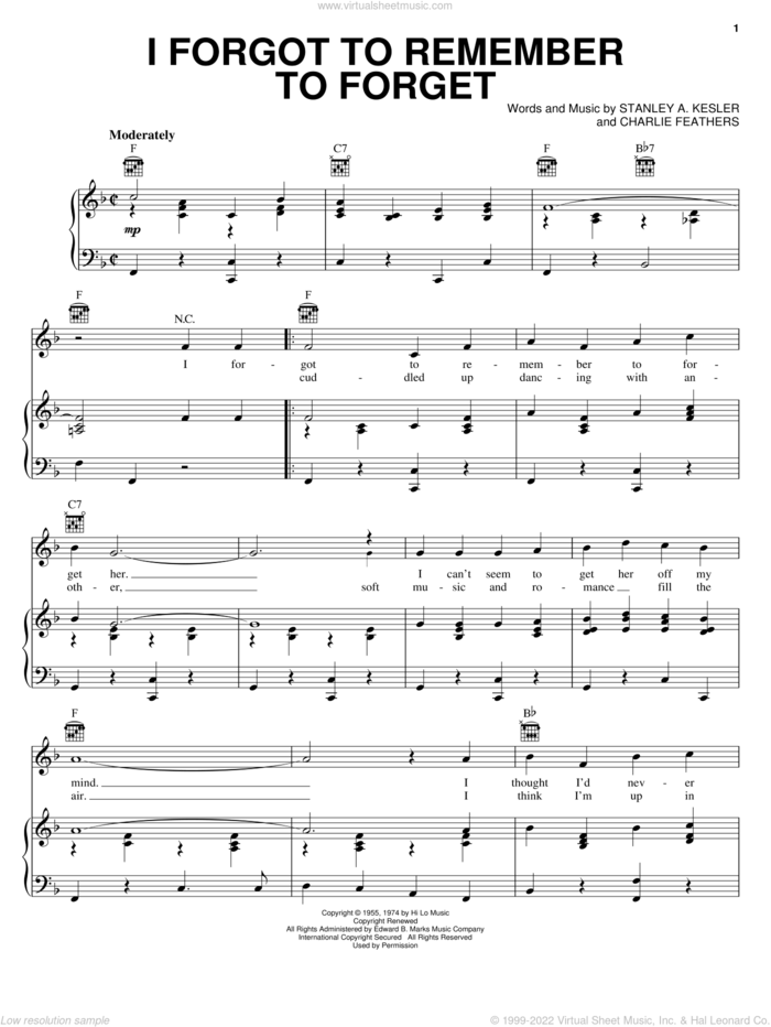 I Forgot To Remember To Forget sheet music for voice, piano or guitar by Elvis Presley, Charlie Feathers and Stanley A. Kesler, intermediate skill level