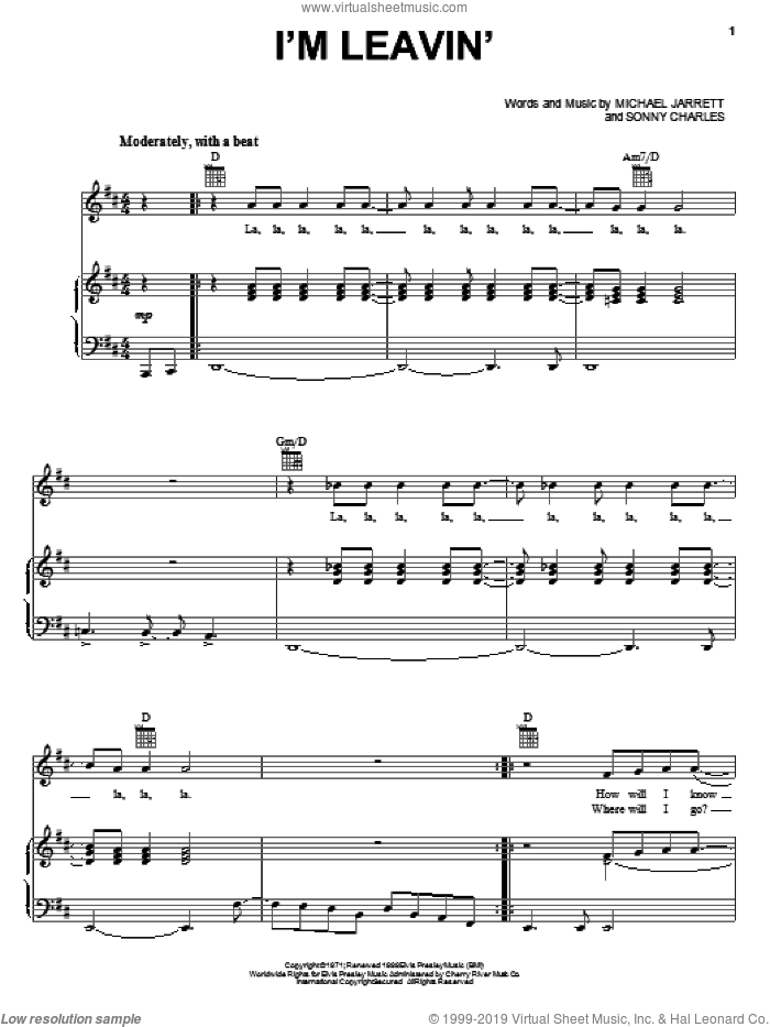 I'm Leavin' sheet music for voice, piano or guitar by Elvis Presley, Michael Jarrett and Sonny Charles, intermediate skill level