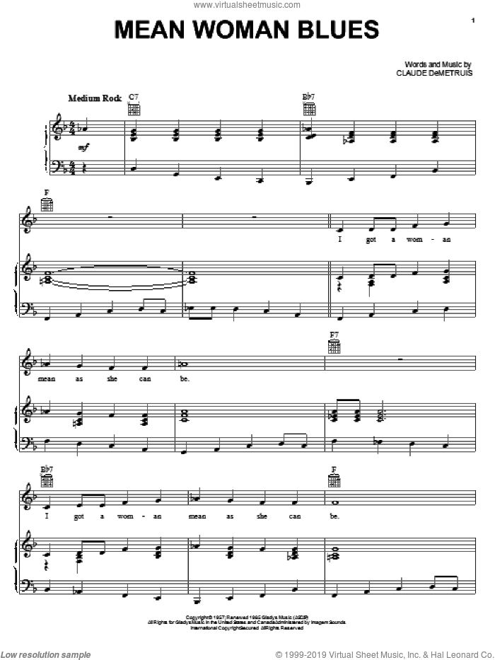 Mean Woman Blues sheet music for voice, piano or guitar by Elvis Presley and Claude DeMetruis, intermediate skill level
