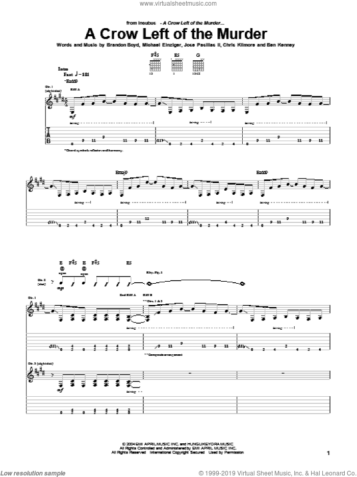 A Crow Left Of The Murder sheet music for guitar (tablature) by Incubus, Brandon Boyd, Jose Pasillas II and Michael Einziger, intermediate skill level