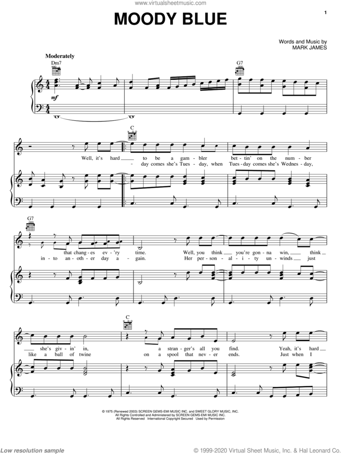 Moody Blue sheet music for voice, piano or guitar by Elvis Presley and Mark James, intermediate skill level