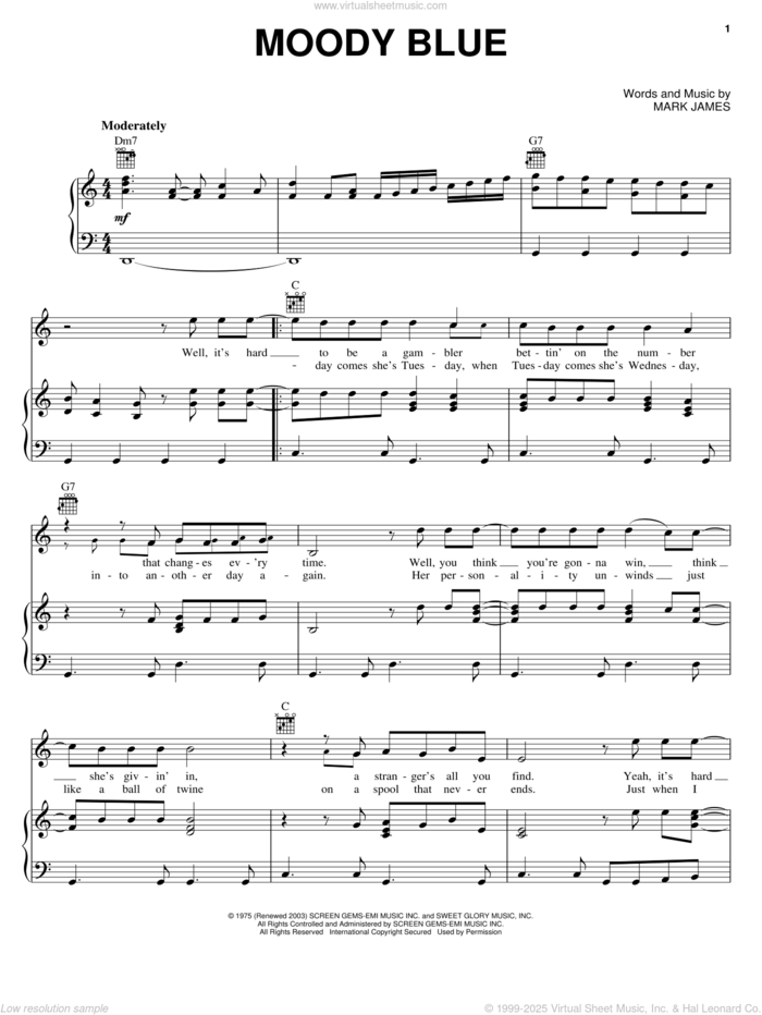 Moody Blue sheet music for voice, piano or guitar by Elvis Presley and Mark James, intermediate skill level